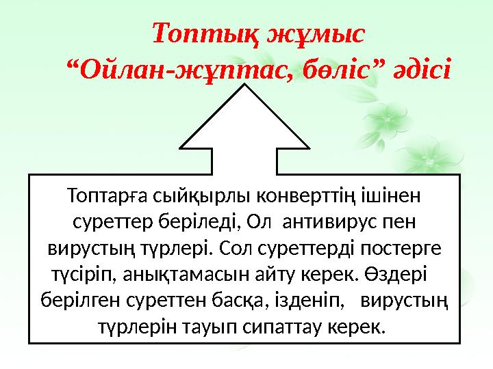 Топтық жұмыс “Ойлан-жұптас, бөліс” әдісі Топтарға сыйқырлы конверттің ішінен суреттер беріледі, Ол антивирус пен вирустың түр