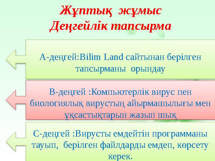 Жұптық жұмыс Деңгейлік тапсырма С-деңгей :Вирусты емдейтін программаны тауып, берілген файлдарды емдеп, көрсету керек. В-д
