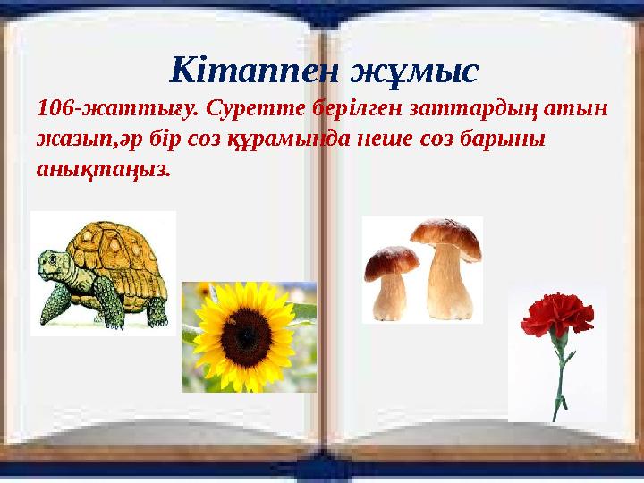Кітаппен жұмыс 106-жаттығу. Суретте берілген заттардың атын жазып,әр бір сөз құрамында неше сөз барыны анықтаңыз.