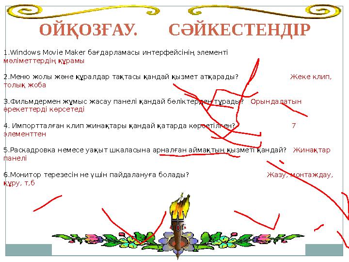 ОЙҚОЗҒАУ. СӘЙКЕСТЕНДІР 1.Windows Movie Maker бағдарламасы интерфейсінің элементі мәліметтердің