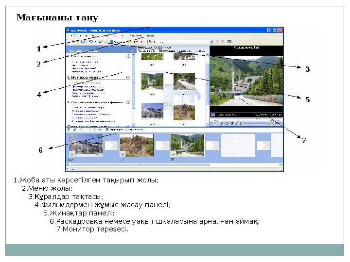 Мағынаны тану 1.Жоба аты көрсетілген тақырып жолы; 2.Меню жолы; 3.Құралдар тақтасы; 4.Фильмдермен жұмыс жас