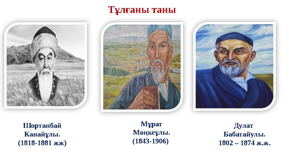 Шортанбай Канайұлы. (1818-1881 жж) Мұрат Мөңкеұлы. (1843-1906) Дулат Бабатайулы. 1802 – 1874 ж.ж.Тұлғаны таны