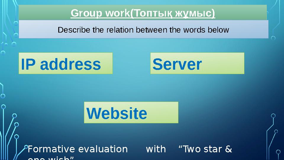 Group work (Топтық жұмыс) Describe the relation between the words below IP address Server Website Formative evaluation with