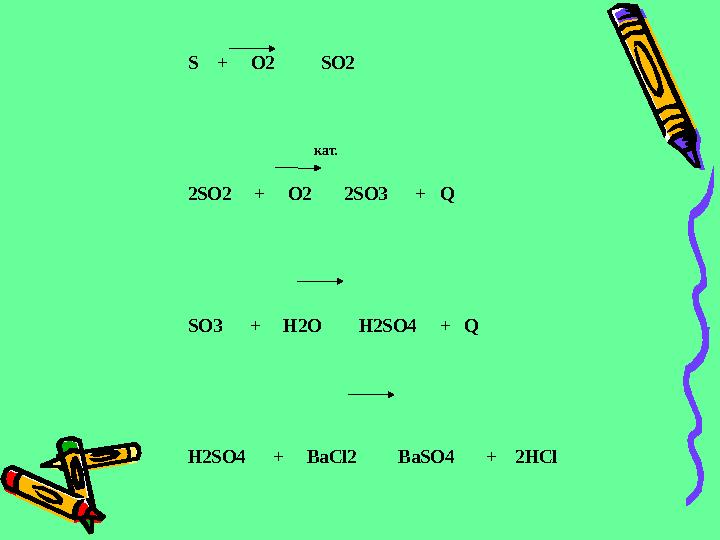 S + O2 SO2 кат. 2SO2 + O2 2SO3 + Q S