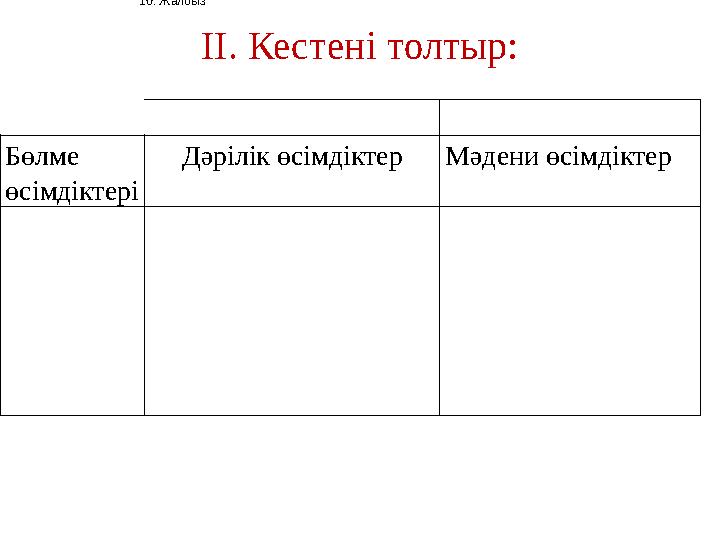 ІІ. Кестені толтыр: Бөлме өсімдіктері Дәрілік өсімдіктер Мәдени өсімдіктер 10. Жалбыз