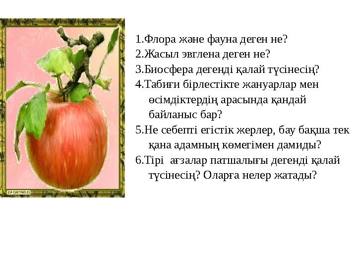 1.Флора және фауна деген не? 2. Жасыл эвглена деген не? 3. Биосфера дегенді қалай түсінесің? 4.Табиғи бірлестікте жануарлар мен