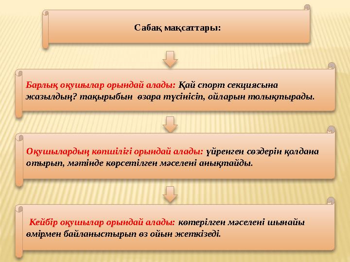 Сабақ мақсаттары: Барлық оқушылар орындай алады: Қай спорт секциясына жазылдың? тақырыбын өзара түсінісіп, ойларын толықтырад