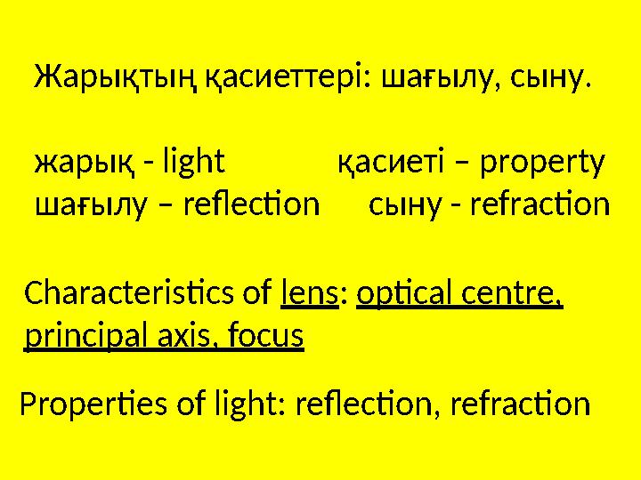 Жар ықтың қасиеттері: шағылу, сыну . жарық - light қасиеті – property ш ағылу – reflection сыну - re