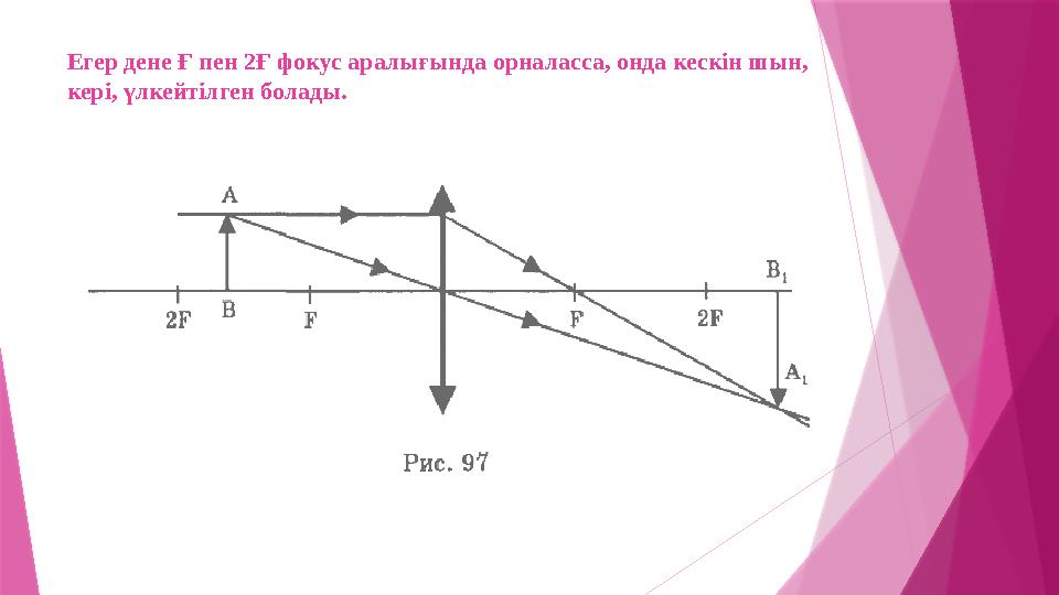 Егер дене Ғ пен 2Ғ фокус аралығында орналасса, онда кескін шын, кері, үлкейтілген болады.