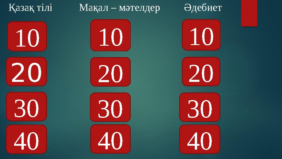 Қазақ тілі Мақал – мәтелдер Әдебиет 10 10 10 20 20 20 30 40 30 40 30 40