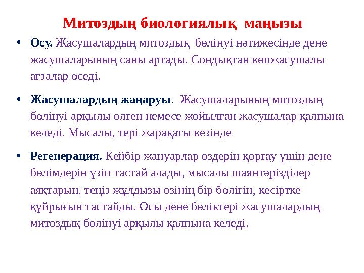 Митоздың биологиялық маңызы • Өсу. Жасушалардың митоздық бөлінуі нәтижесінде дене жасушаларының саны артады. Сондықтан көпж