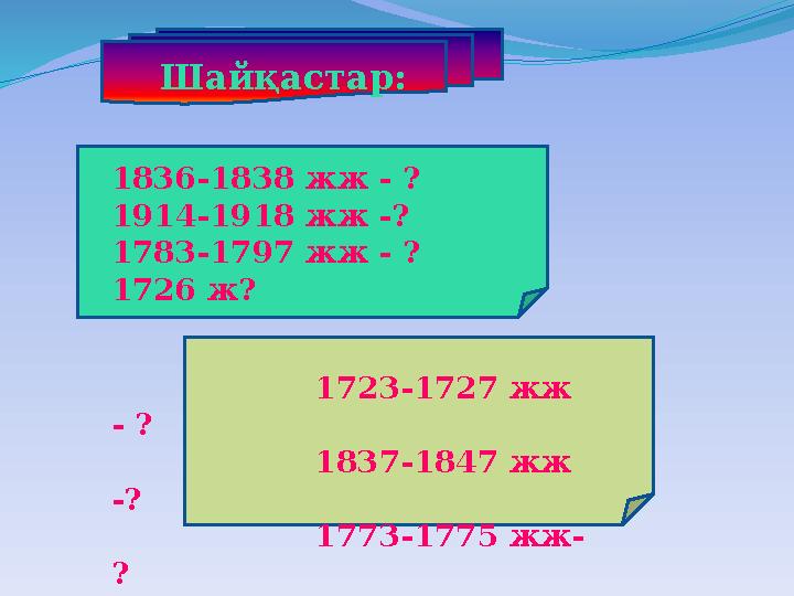 Шайқастар: 1836-1838 жж - ? 1914-1918 жж -? 1783-1797 жж - ? 1726 ж? 1723-1727 жж - ?