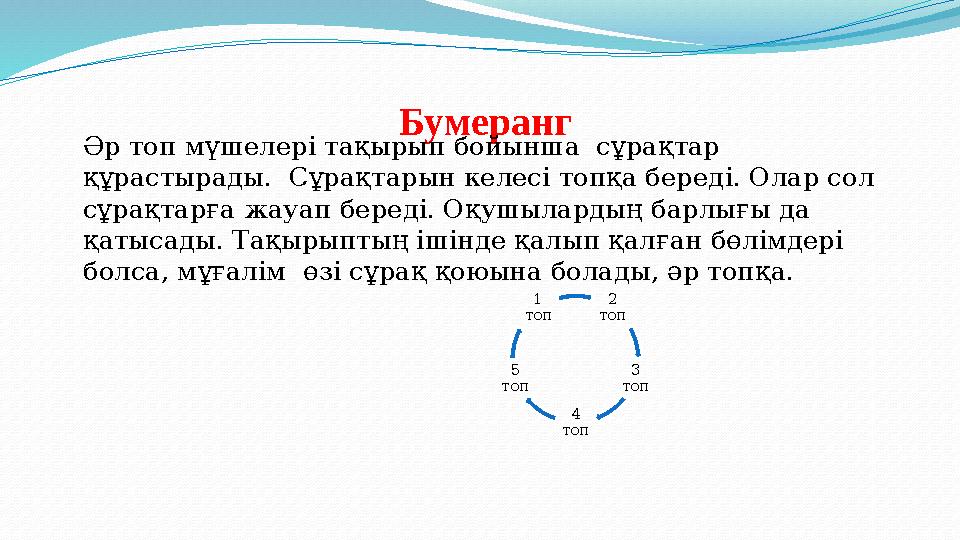 Бумеранг Әр топ мүшелері тақырып бойынша сұрақтар құрастырады. Сұрақтарын келесі топқа береді. Олар сол сұрақтарға жауап б