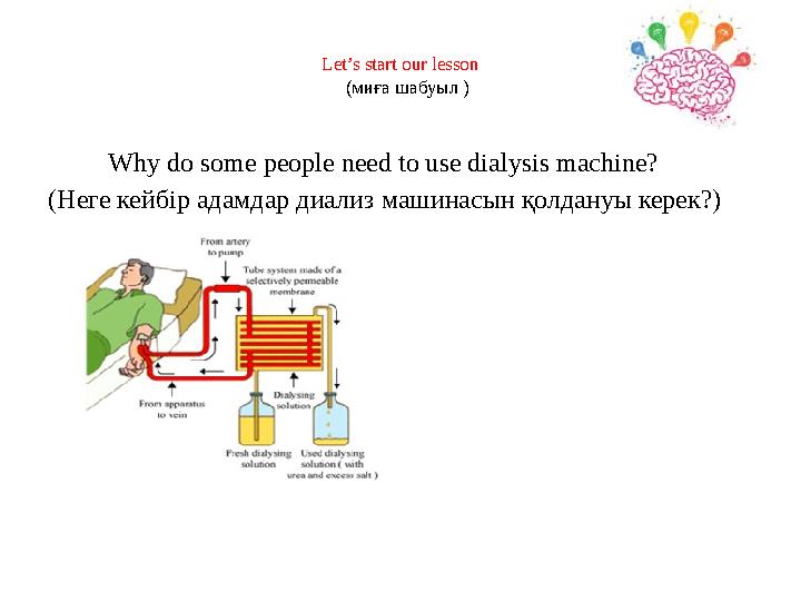 Let’s start our lesson (миға шабуыл ) Why do some people need to use dialysis machine? ( Неге кейбір адамдар диали