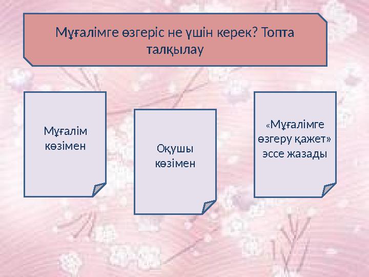 Мұғалімге өзгеріс не үшін керек? Топта талқылау Мұғалім көзімен Оқушы көзімен « Мұғалімге өзгеру қажет» эссе жазады