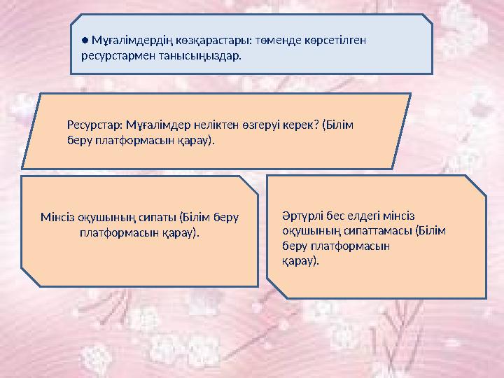 ● Мұғалімдердің көзқарастары: төменде көрсетілген ресурстармен танысыңыздар. Ресурстар: Мұғалімдер неліктен өзгеруі керек? (Бі