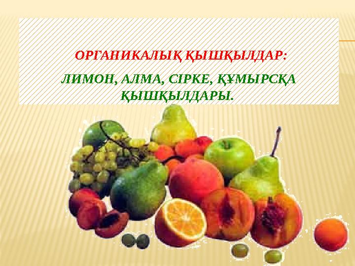 ОРГАНИКАЛЫҚ ҚЫШҚЫЛДАР: ЛИМОН, АЛМА, СІРКЕ, ҚҰМЫРСҚА ҚЫШҚЫЛДАРЫ.