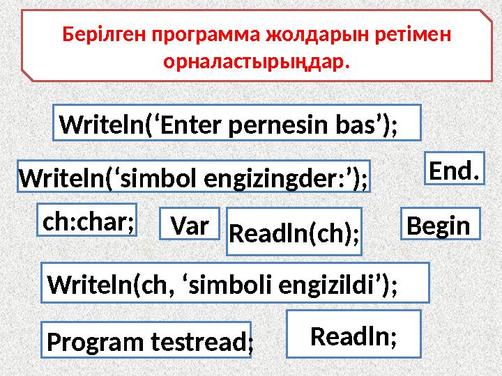 Writeln(‘Enter pernesin bas’); Writeln(ch, ‘simboli engizildi’);Writeln(‘simbol engizingder:’); Program testread; Var Readln(ch)