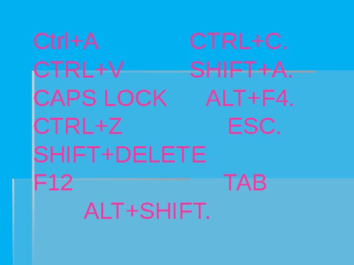 Ctrl+A CTRL+C. CTRL+V SHIFT+A. CAPS LOCK ALT+F4. CTRL+Z ESC. SHIFT+DELETE