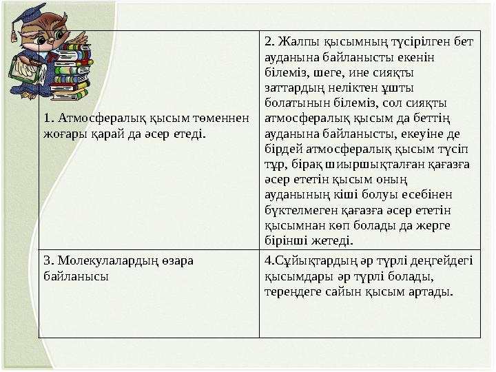 1. Атмосфералық қысым төменнен жоғары қарай да әсер етеді. 2. Жалпы қысымның түсірілген бет ауданына байланысты екенін білемі