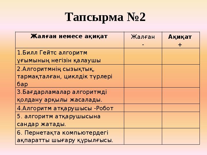 Тапсырма №2 Жалған немесе ақиқат Жалған - Ақиқат + 1.Билл Гейтс алгоритм ұғымының негізін қалаушы 2.Алгоритмнің сызықтық,