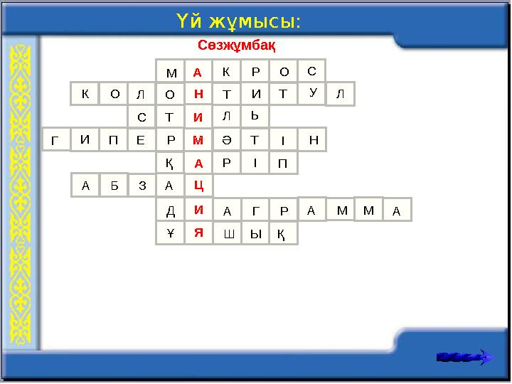 СөзжұмбақҮй жұмысы: М А К Р О С АН И М Ц И ЯК О О Л Т И Т У Л С Т Л Ь Г И П Е Р Ә Т І Н Қ Р І П А Б З А АД Г Р А М М А Ұ Ш Ы Қ