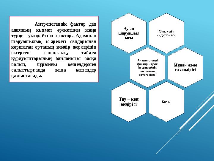 Өнеркәсіп индустриясыАуыл шаруашыл ығы Антропогенді фактор – адам іс-әрекетінің қоршаған ортаға әсері Мұнай және газ өнді