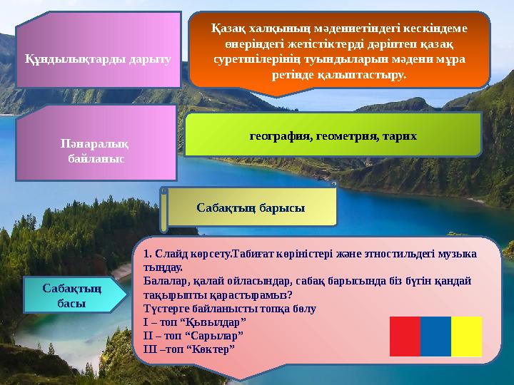 Құндылықтарды дарыту Қазақ халқының мәдениетіндегі кескіндеме өнеріндегі жетістіктерді дәріптеп қазақ суретшілерінің туындылар