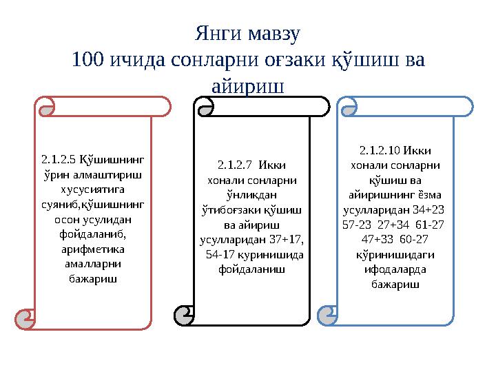 2.1.2.5 Қ ўшишнинг ўрин алмаштириш хусусиятига суяниб ,қ ўшишнинг осон усулидан фойдаланиб, арифметика амалларни бажариш