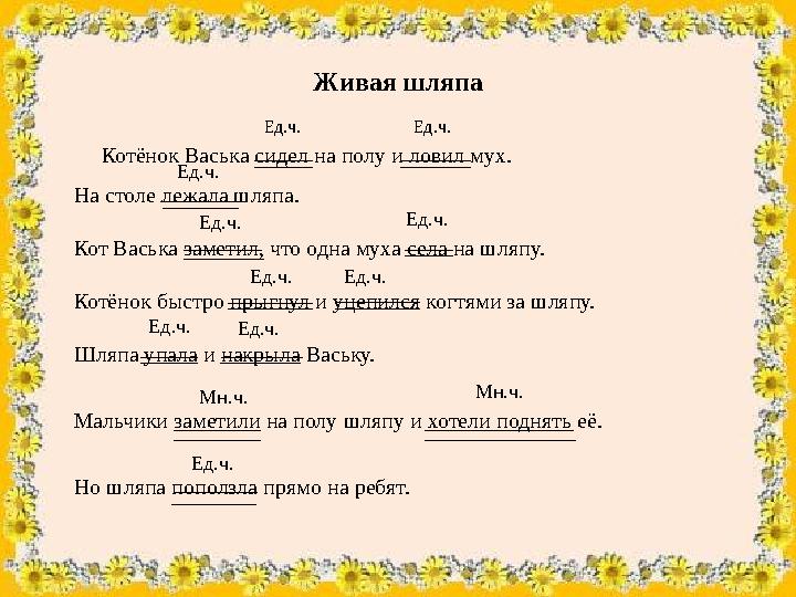 Живая шляпа Котёнок Васька сидел на полу и ловил мух. На столе лежала шляпа. Кот Васька заметил, что одна муха села на ш