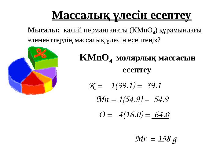 Массалық үлесін есептеу Мысалы : калий перманганаты (KMnO 4 ) құрамындағы элементтердің массалық үлесін есептеңіз? KMnO 4