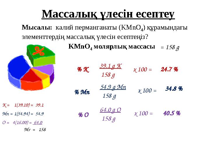 = 158 g % K KMnO 4 молярлық массасы 39.1 g K 158 g x 100 = 24.7 % % Mn 54.9 g Mn 158 g x 100 = 34.8 % % O 64.0 g O 158 g x 10