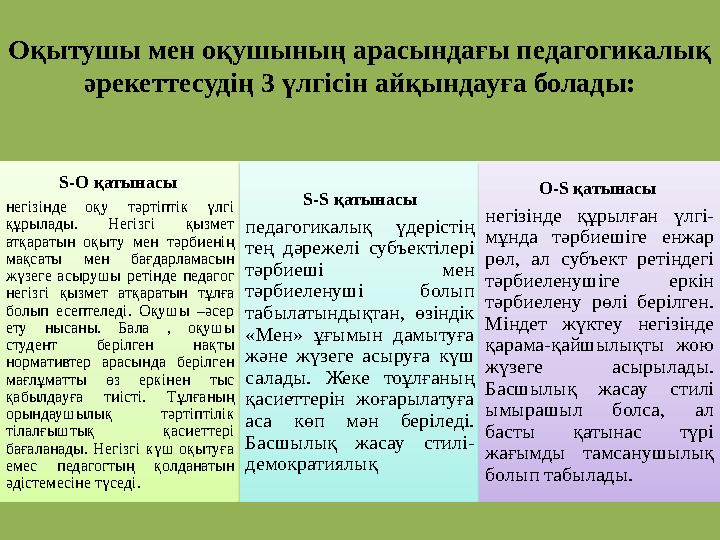 Оқытушы мен оқушының арасындағы педагогикалық әрекеттесудің 3 үлгісін айқындауға болады: S-O қатынасы негізінде оқу тәртіпт