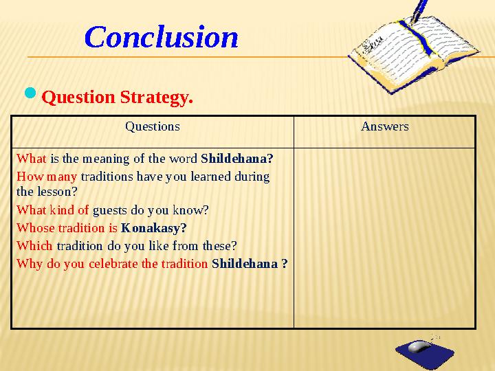 Conclusion  Question Strategy. Questions Answers What is the meaning of the word Sh і ldehana? How many traditions have yo