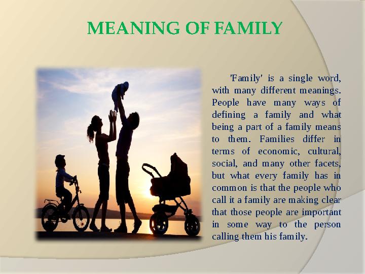 MEANING OF FAMILY 'Family' is a single word, with many different meanings. People have many ways of defining a f