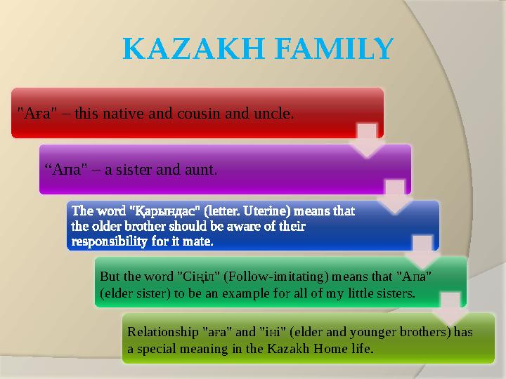 KAZAKH FAMILY " Аға " – this native and cousin and uncle. “ Апа " – a sister and aunt. The word " Қарындас " (letter. Uterine)
