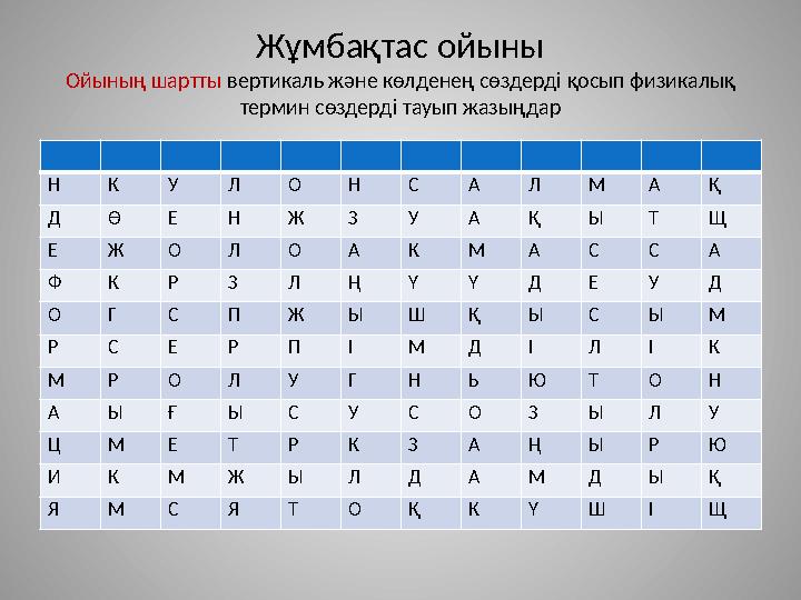 Жұмбақтас ойыны Ойының шартты вертикаль және көлденең сөздерді қосып физикалық термин сөздерді тауып жазыңдар Н К У Л О Н С А