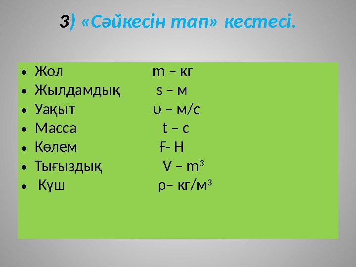 3 ) «Сәйкесін тап» кестесі. • Жол m – кг • Жылдамдық s – м • Уақыт υ