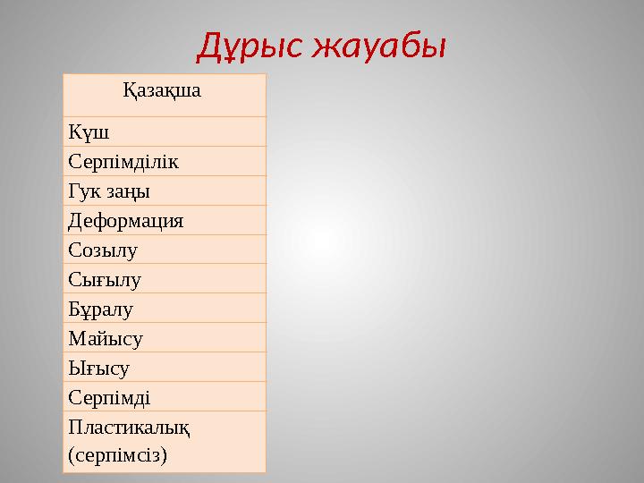 Дұрыс жауабы Қ азақша Күш Серпімділік Гук заңы Деформация Созылу Сығылу Бұралу Майысу Ығысу Серпімді Пластикалық (серпім
