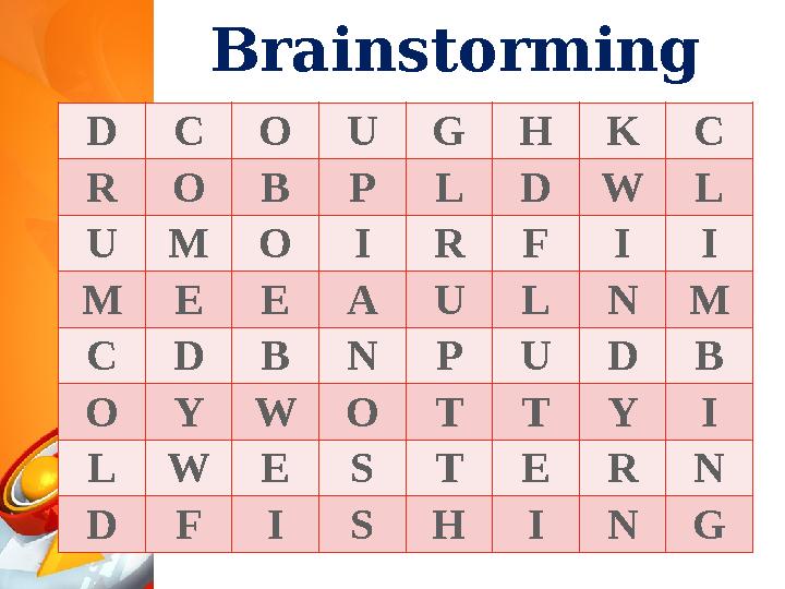 Brainstorming D C O U G H K C R O B P L D W L U M O I R F I I M E E A U L N M C D B N P U D B O Y W O T T Y I L W E S T E R N D Brainstorming D C O U G H K C R O B P L D W L U M O I R F I I M E E A U L N M C D B N P U D B O Y W O T T Y I L W E S T E R N D