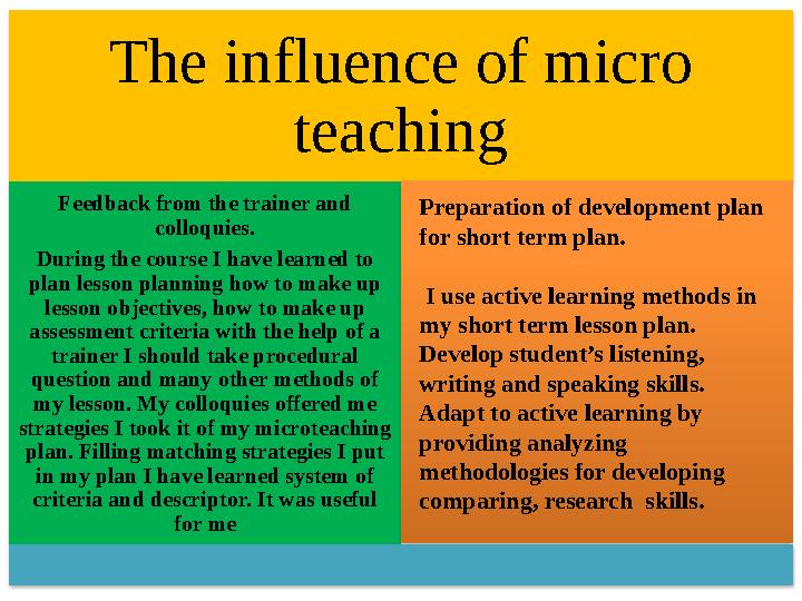 The influence of micro teaching Feedback from the trainer and colloquies. During the course I have learned to plan lesson pla