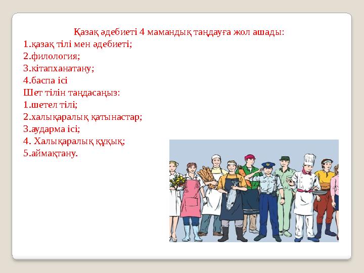 Қазақ әдебиеті 4 мамандық таңдауға жол ашады: 1.қазақ тілі мен әдебиеті; 2.филология; 3.кітапханатану; 4.баспа ісі Шет тілін та