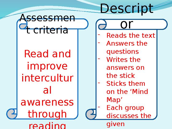 Assessmen t criteria Read and improve intercultur al awareness through reading Descript or - Reads the text - Answers the q