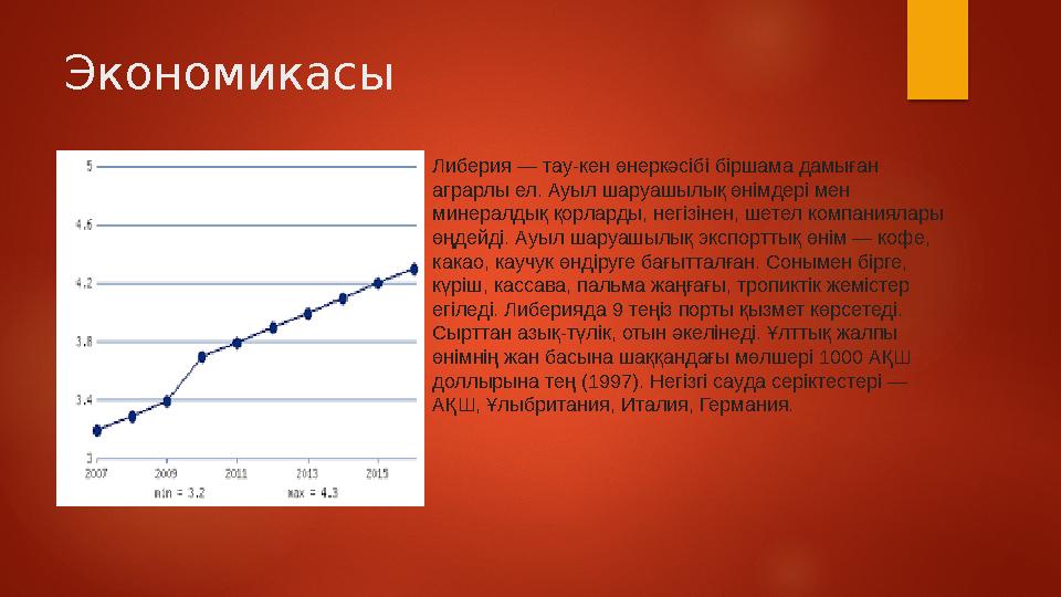 Экономикасы Либерия — тау-кен өнеркәсібі біршама дамыған аграрлы ел. Ауыл шаруашылық өнімдері мен минералдық қорларды, негізін