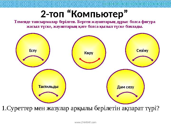 1.Суреттер мен жазулар арқылы берілетін ақпарат түрі? КөруЕсту Сезіну Тактильды Дәм сезу2-топ “ Компьютер ” Төменде тапсырмал