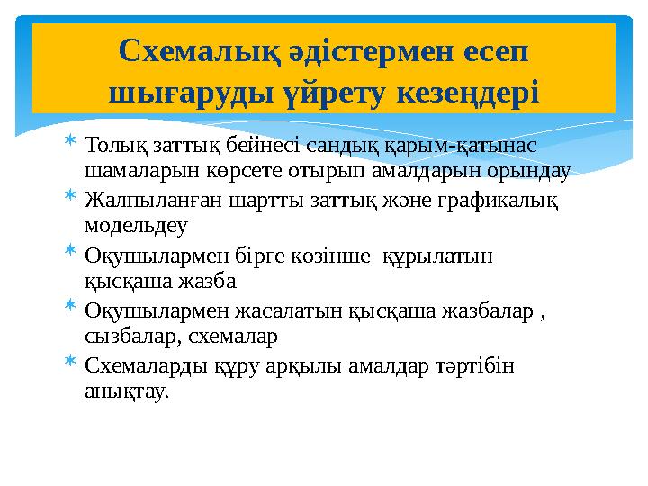  Толық заттық бейнесі сандық қарым-қатынас шамаларын көрсете отырып амалдарын орындау  Жалпыланған шартты заттық және график