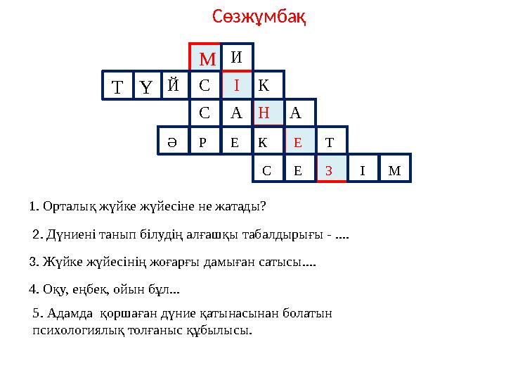 Сөзжұмбақ 1. Орталық жүйке жүйесіне не жатады? М И 2. Дүниені танып білудің алғашқы табалдырығы - .... Т Ү Й С І К 3. Жүйке жү