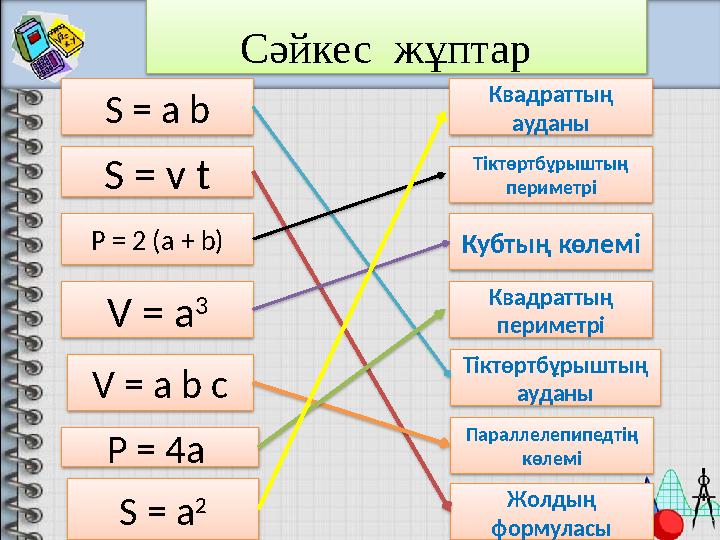 Сәйкес жұптар S = a b P = 4a S = v t S = a 2V = a b cP = 2 (a + b) V = a 3 Квадраттың ауданы Тіктөртбұрыштың периметрі Кубтың