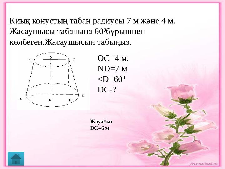 Қиық конустың табан радиусы 7 м және 4 м. Жасаушысы табанына 60 0 бұрышпен көлбеген.Жасаушысын табыңыз. OC=4 м. ND=7 м <D=60