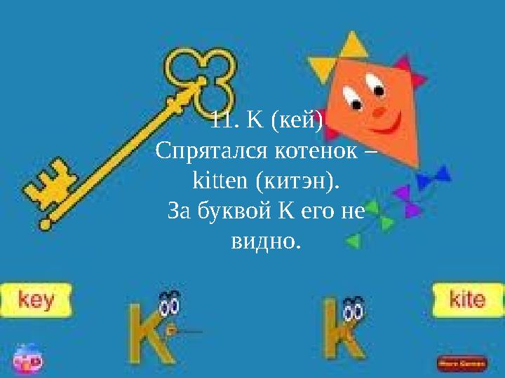 11. K (кей) Спрятался котенок – kitten (китэн). За буквой К его не видно.
